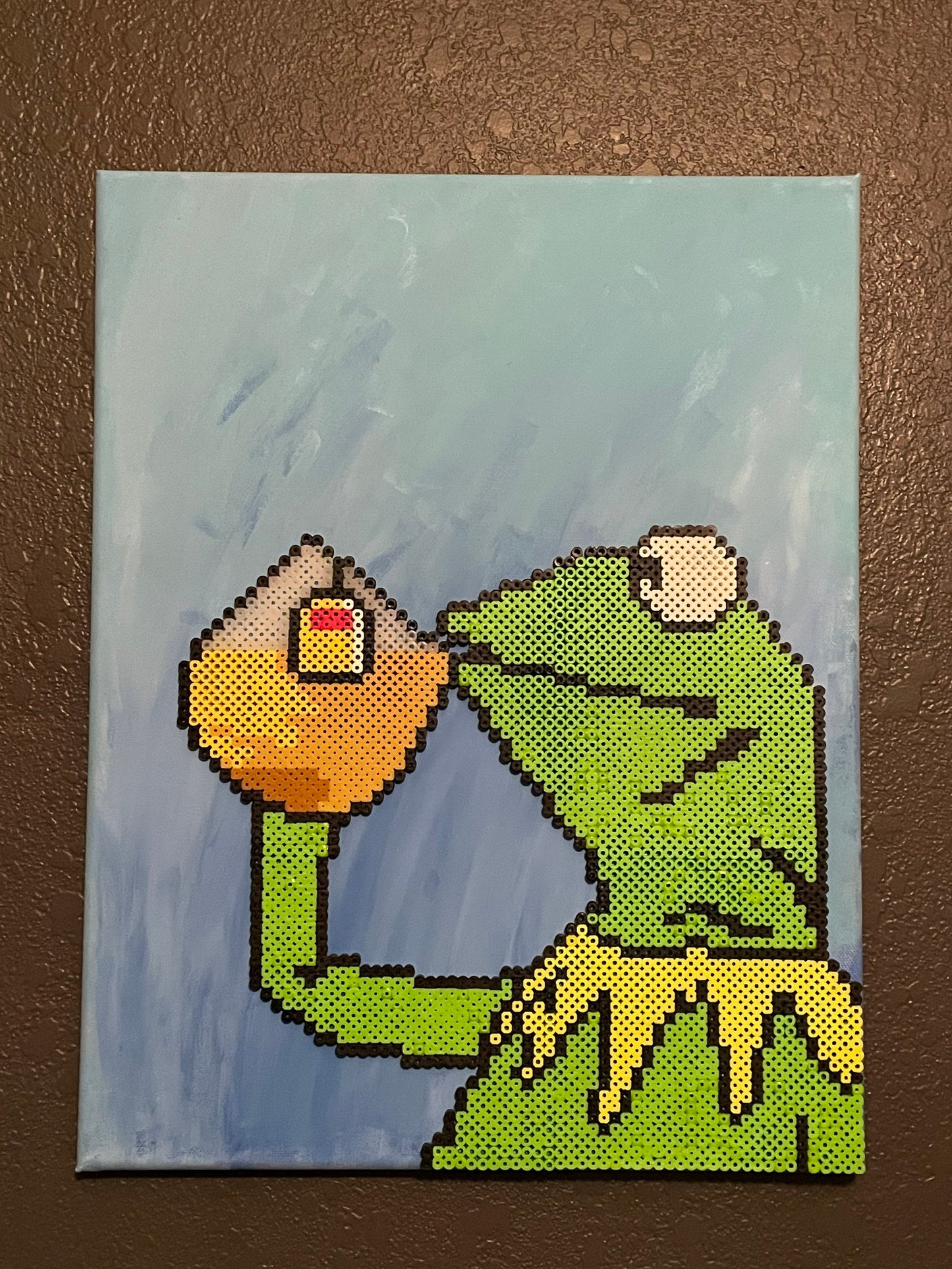 Perler bead Kermit on canvas