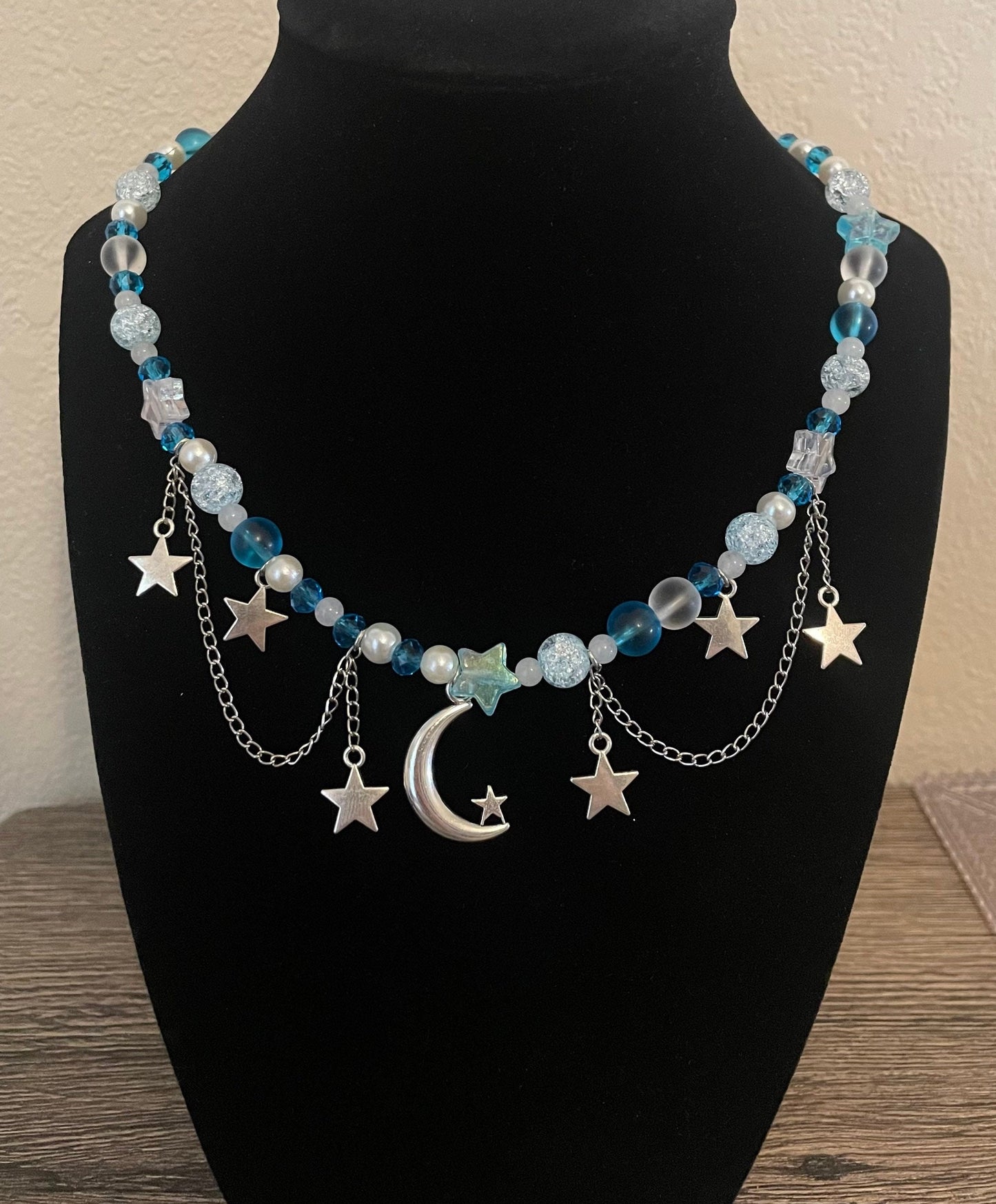 blue or pink moon and star beaded necklace
