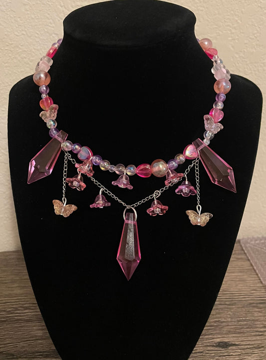 pink crystal flower and butterfly beaded necklace