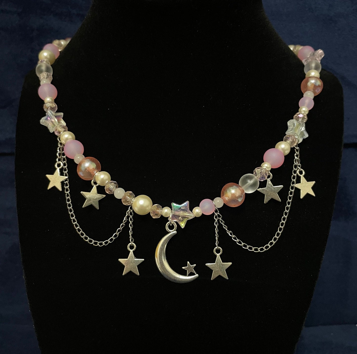 blue or pink moon and star beaded necklace