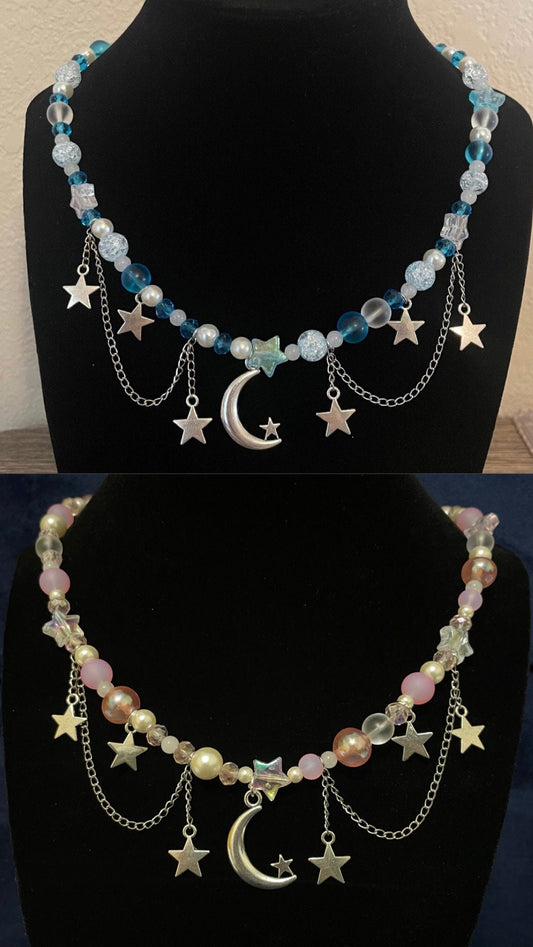 blue or pink moon and star beaded necklace